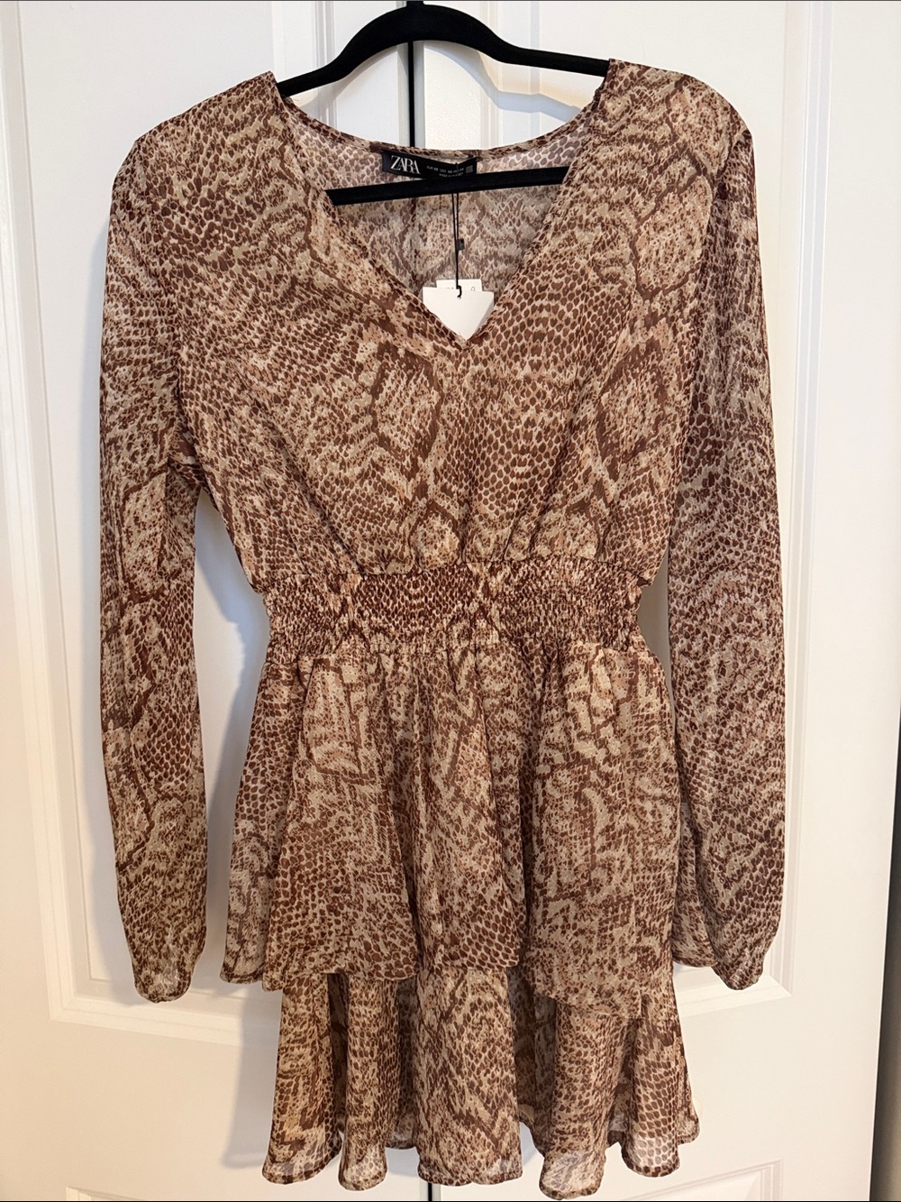 Zara Beige Brown Snake-Print Long Sleeve Tiered Dress